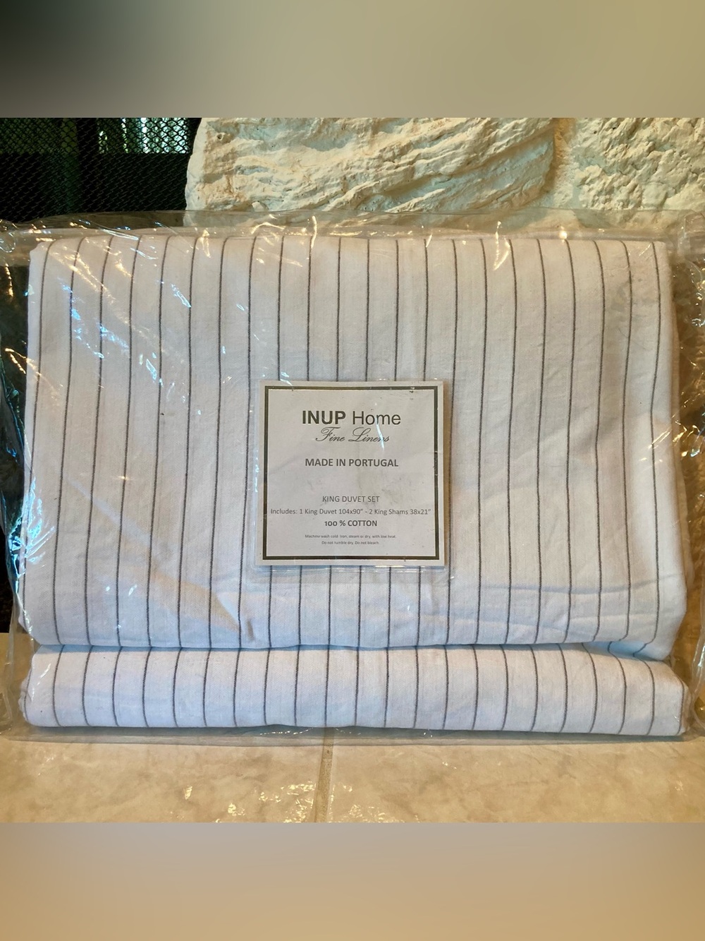 NEW INUP Home White Pinstripe King Duvet Cover Set